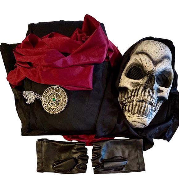 Grim Reaper Skeleton Costume Hooded Robe Mask Gloves Medallion Belt One Size - Picture 4 of 9